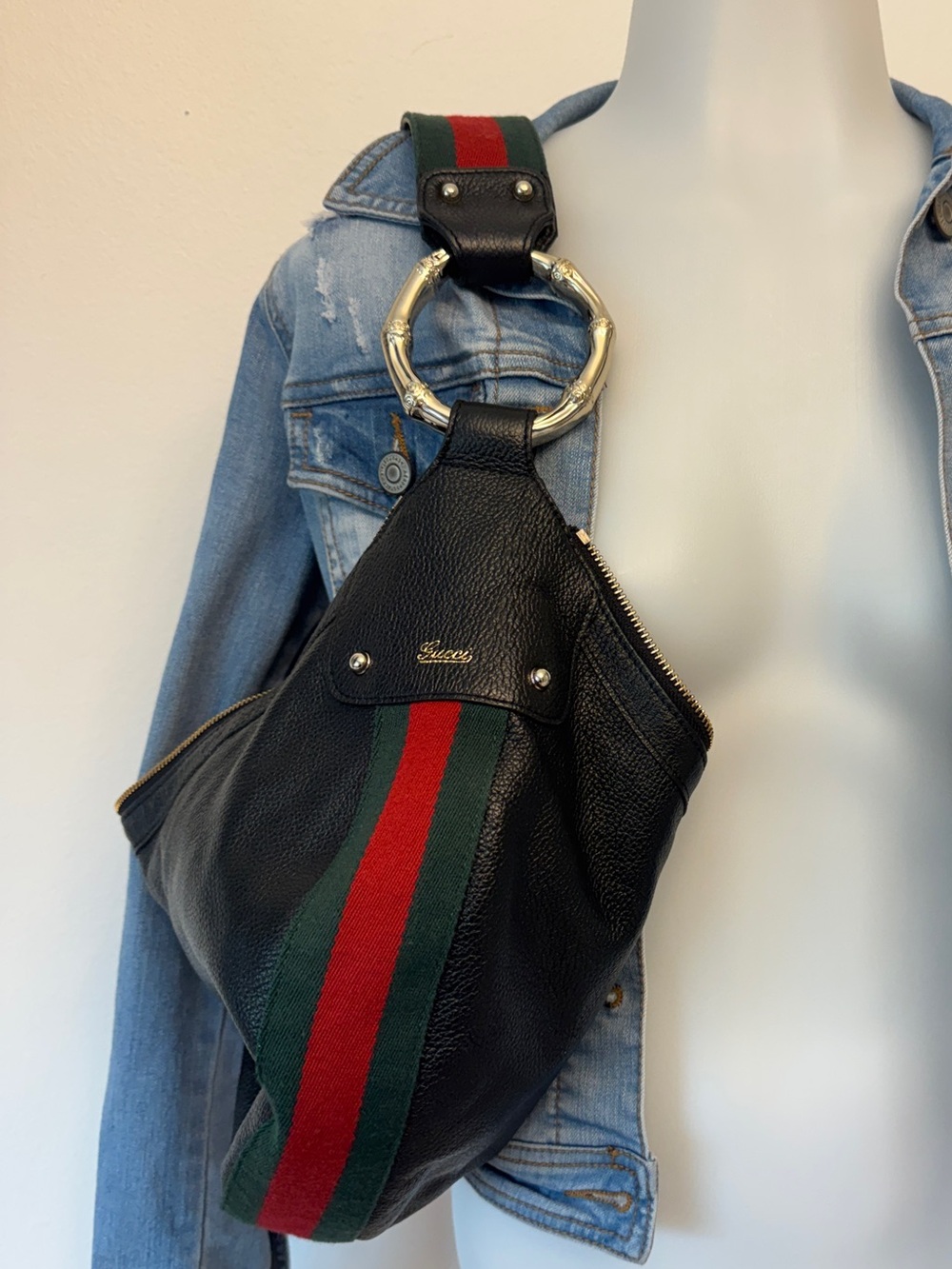 Gucci Black Crescent Bag w/Green & Red Stripe & Gold Bamboo Rings - Picture 11 of 13